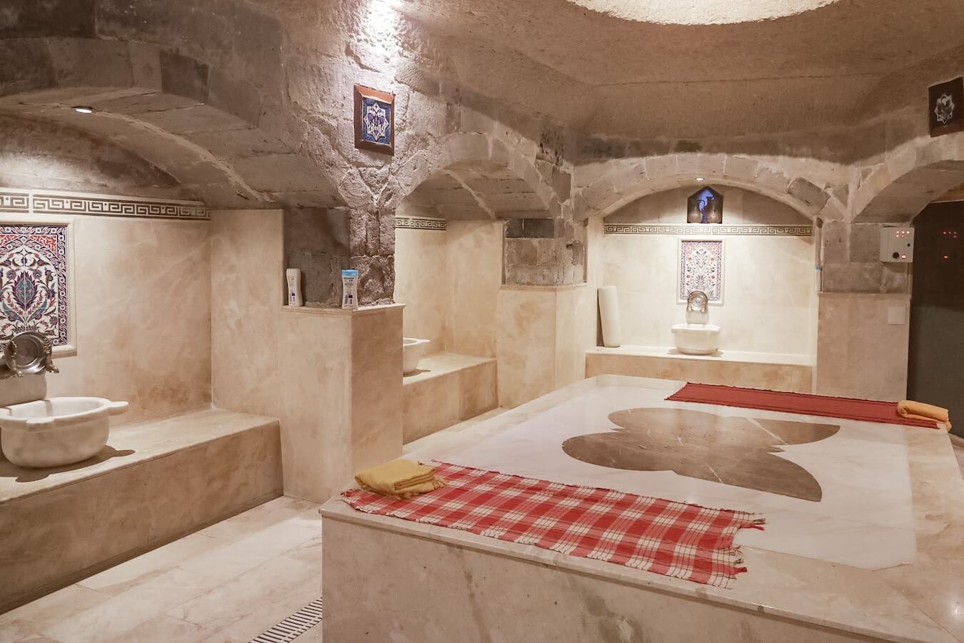 Inside the hot room at the Kelebek Cave Hammam in Göreme, Cappadocia. One of the best hammams for a couples Turkish hammam, massage and spa experience.