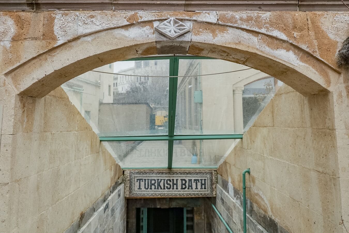 The Turkish Bath sign and entrance to the hammam at the Heybe Hotel in Göreme, Cappadocia.
